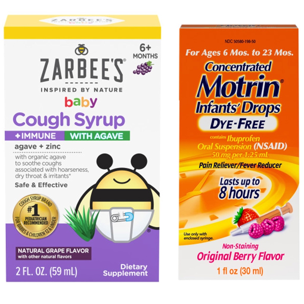 Motrin og Zarbee 's Essentials for Spædbørn' Koncentreret Flydende Medicin Drops med Ibuprofen og Zarbee 's Baby Coughup Syrup + Immun med Organic Agave + Zink