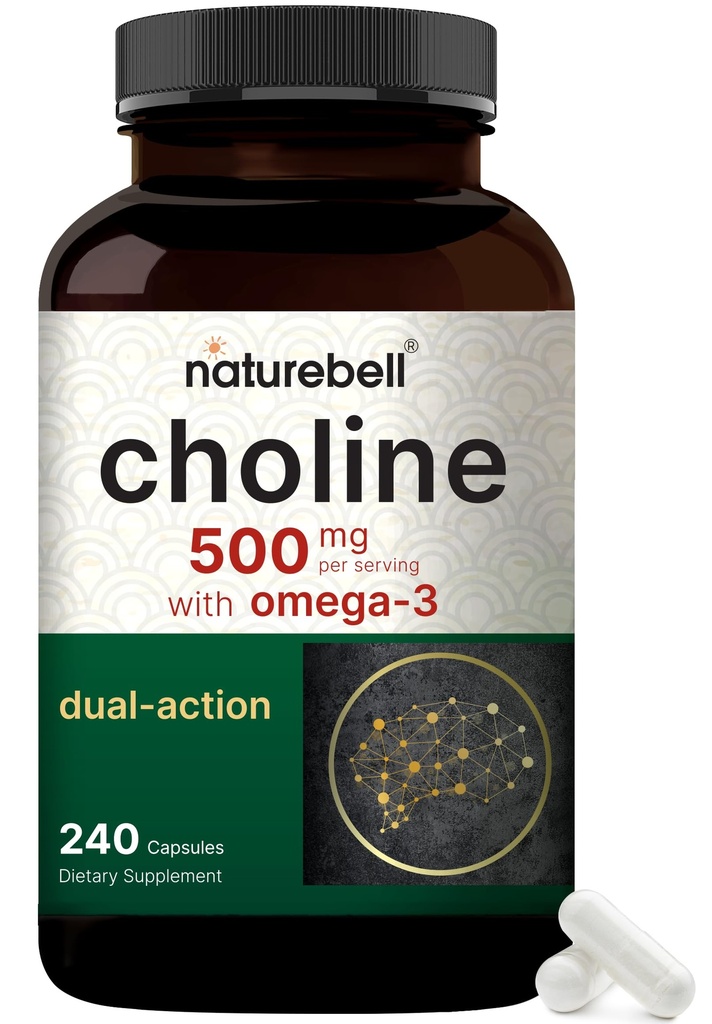 NatureBell Cholin Kosttilskud 500 mg med Omega-3 Fedtsyrer, 240 Kapsler; High Potency Cholin Bitartrate - Prenatal Support under graviditet - fremmer energi, lever, hjerne, & Kognitiv sundhed