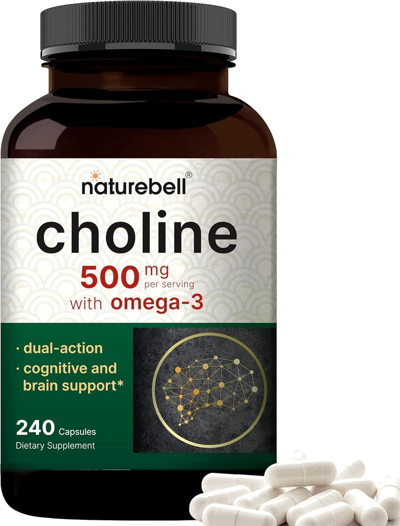 NatureBell Choline Supplements 500mg with Omega-3 Fatty Acids, 240 Capsules | High Potency Choline Bitartrate – Prenatal Support During Pregnancy – Promotes Energy, Liver, Brain, & Cognitive Health