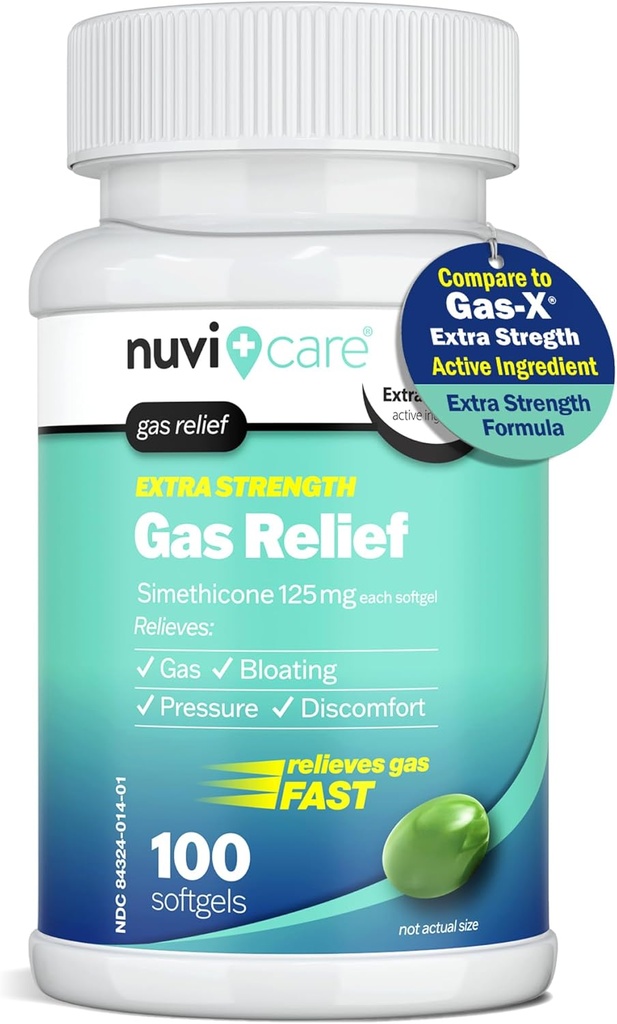 Extra Strength Gas Relief - Simeticone 125mg Softgels - Hurtig Anti Gas Bloating Relief - Sammenlign med den aktive Ingredient i gas-X Anti Gas Pills - Mave Gas Relief for voksne (100 Tæl)