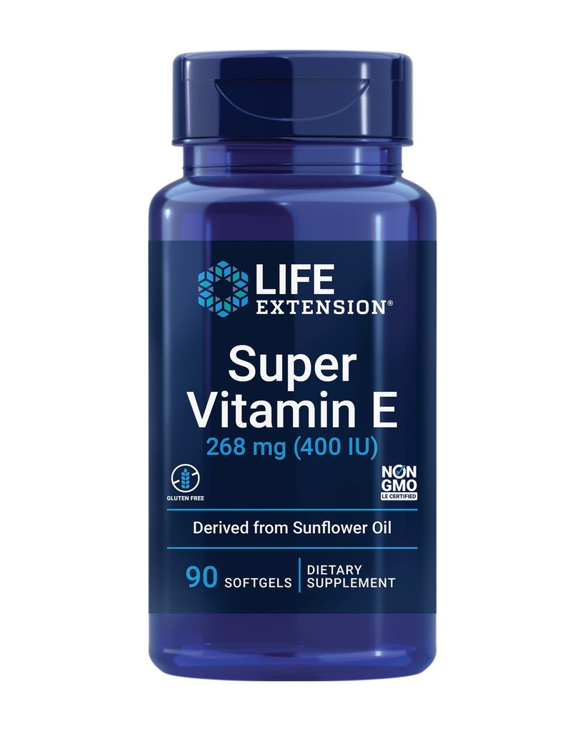 Life Extension Super Vitamin E, 268 mg (400 IE), Non- Synthetic Vitamin E supplement Promoes Whole- Body Health, Gluten- Free, Non- GMO, 90 softgel