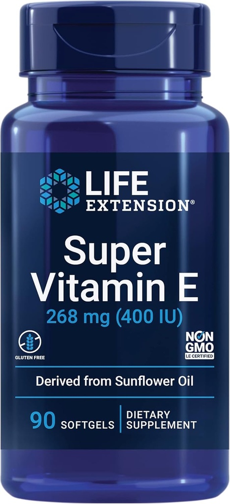 Life Extension Super Vitamin E, 268 mg (400 IE), Non- Synthetic Vitamin E supplement Promoes Whole- Body Health, Gluten- Free, Non- GMO, 90 softgel