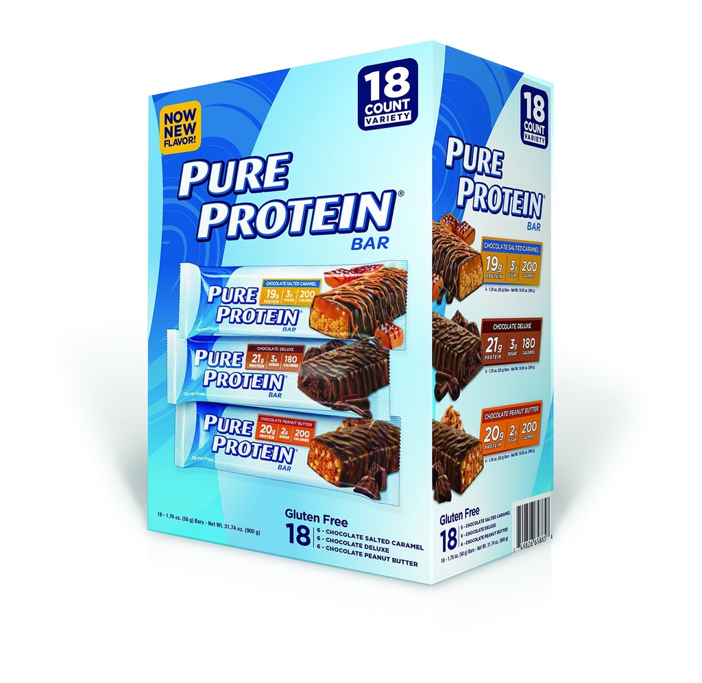 Pure Protein Bar, Chokolade Peanut Butter / Saltet Caramel / Chokolade Deluxe, 18 Greve