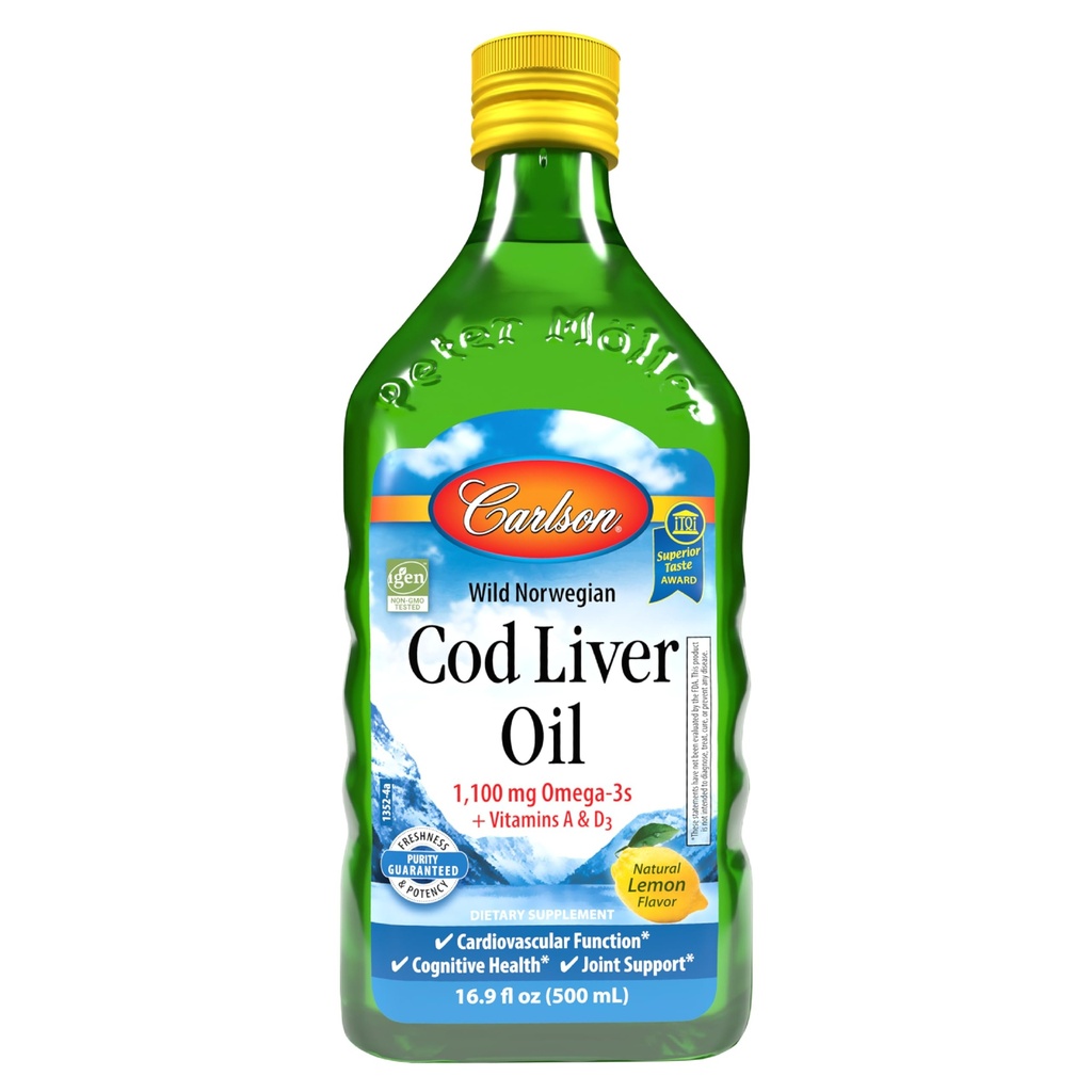 Carlson - Cod Lever Oil 1100 mg Omega- 3s Plus Vitaminer A & D3, Wild Fanget Norsk Arktis, bæredygtigt sourced Nordic Fish Oil Liquid, Lemon, 500 ml (16,9 Fl Oz)