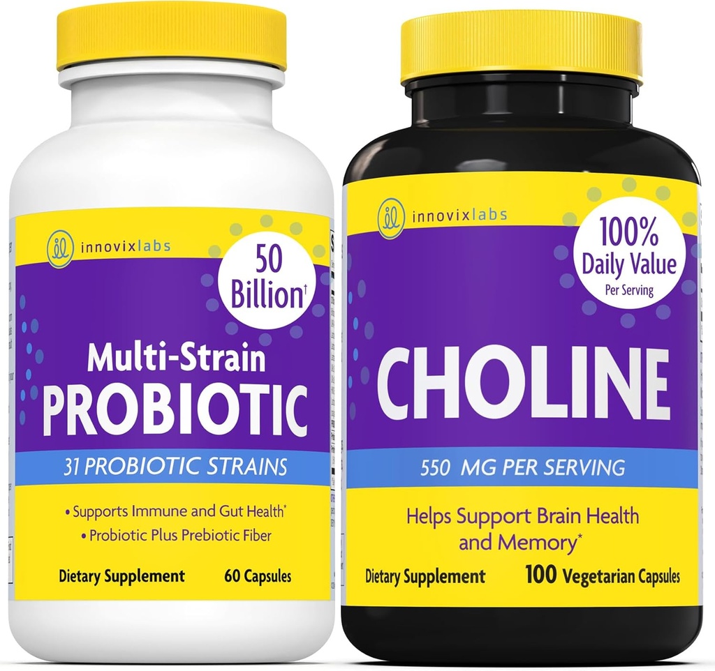InnovixLabs Cholin & Multi Probiotic Bundle Cholin Bitartrate 550mg (100 kapsler) Multi Strain Probiotika (60 kapsler). Understøtter hukommelse, mood, hjerne sundhed & boost kognitiv. *