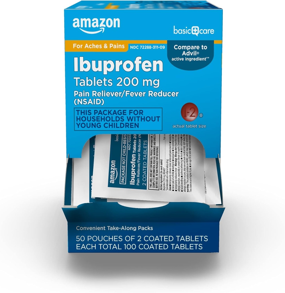 Basic Care Ibuprofen Tablets, 200 mg, Pain Reliever og Fever Reducer, For Hovedpine, Muskulære Aches, Gigt, Backache og mere, 100 Greve (Pack of 1)
