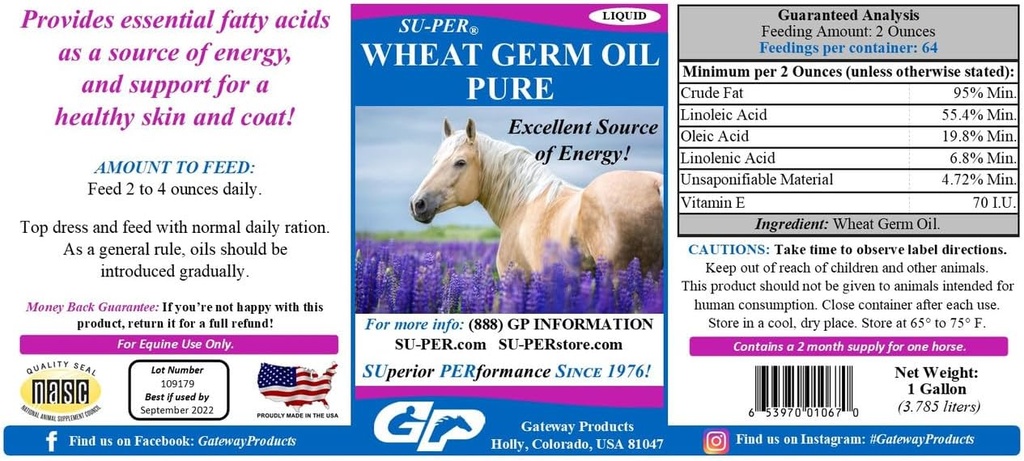 SU- PER Hvede Germ Olie Rene for Heste - Understøtter energi, Endurance, Stamina, Sund Hud og Coat - Væsentlige Fedtsyrer, Vitamin og Min - 1 Gallon + Pump, 4 Måned Supply