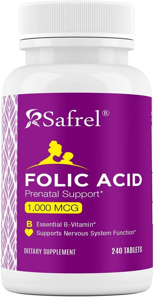Safrel folinsyre 1000 mcg (1 mg) - B9- 240 tabletter, essentielle prenatale og postnatale Vitamin til foster udvikling, røde blodceller produktion, celle og neuraludvikling