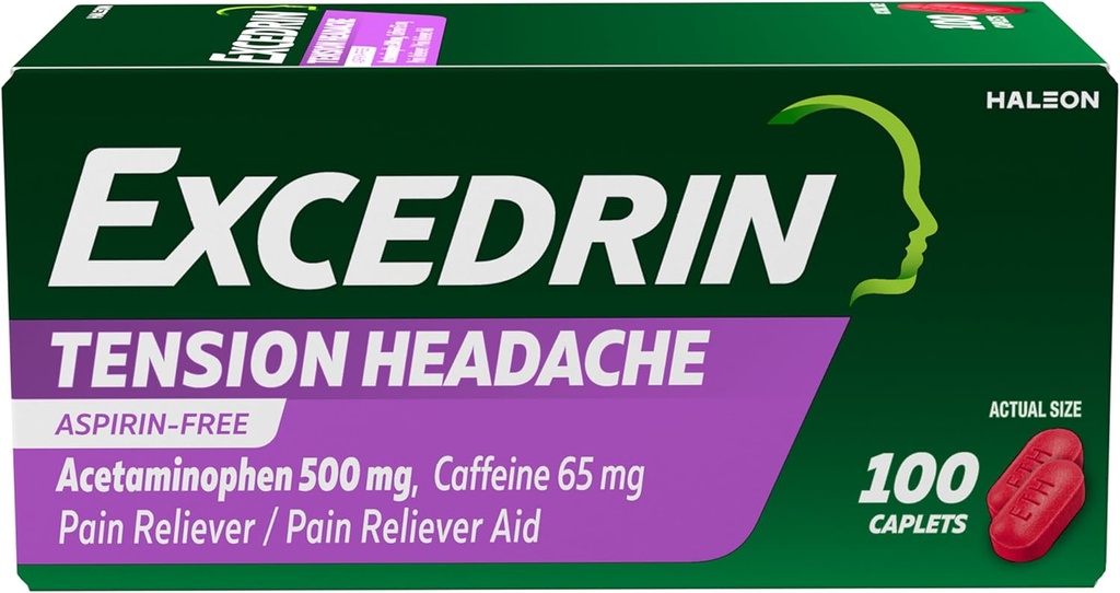 Extredrin Tension Hovedpine Relief Caplets, Acetaminophen 500 mg, Koffein 65mg, Pain Reliever, Aspirin- Free, 100 Greve