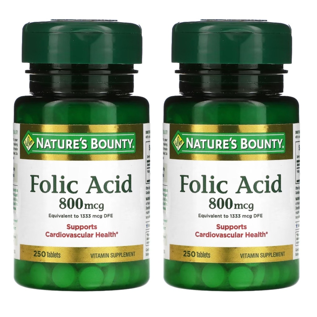 Nature 's Bounty Folinsyre 800 mcg Vitamin Supplement Maksimal styrke - 250 tabletter, pakke med 2