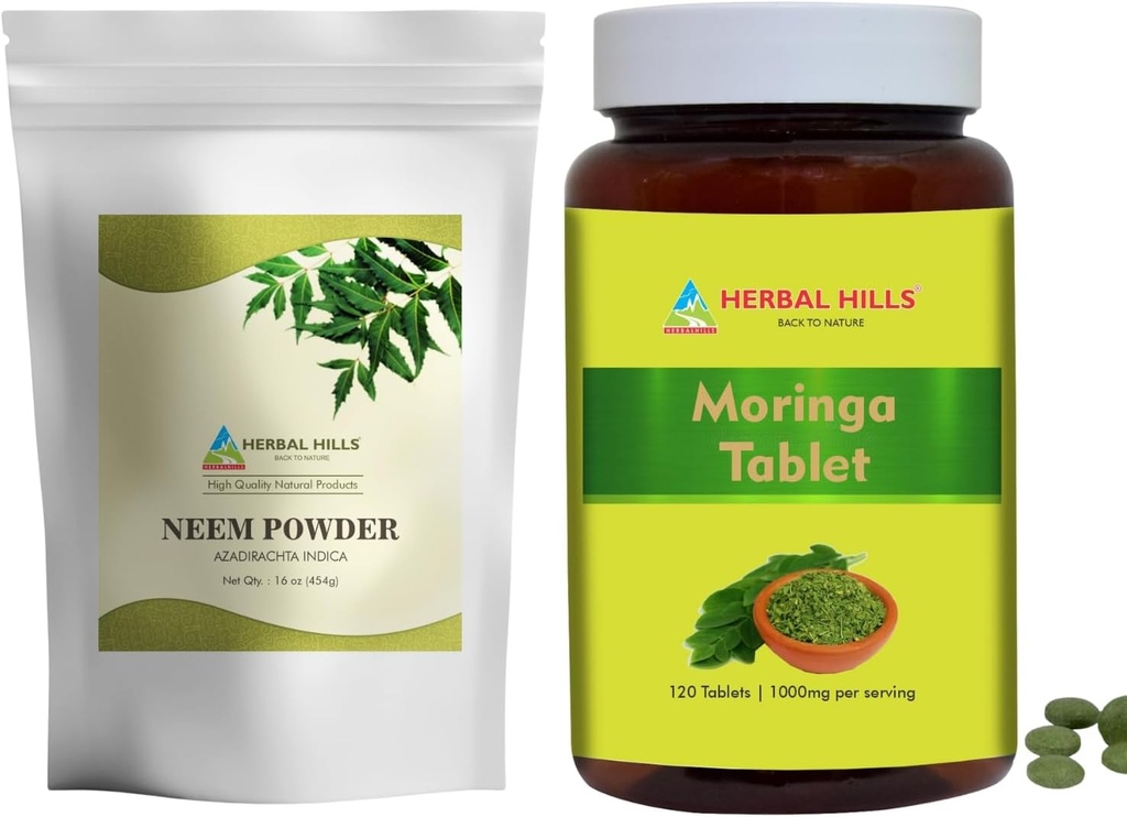 HERBAL HILLS Neem Leaf Powder and Moringa Tablets Shigru pakning med 2 Combo