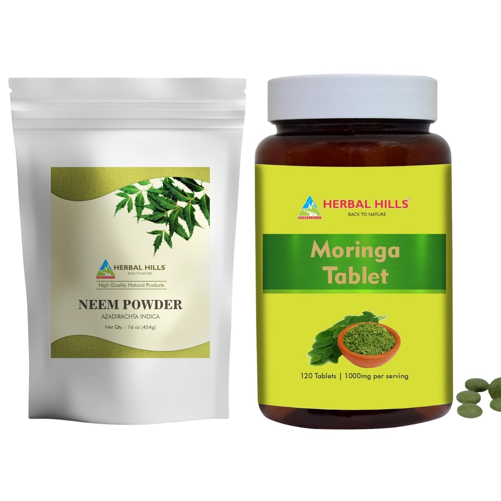 HERBAL HILLS Neem Leaf Powder and Moringa Tablets Shigru pakning med 2 Combo