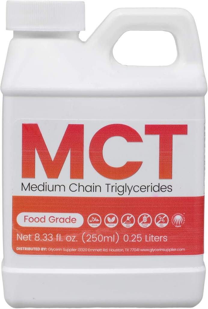 MCT Oil - 250mL (8,33 Oz.) Bæredygtig Palm Derived - USP Food Grade - Non GMO - Halal - for Sport Nutrition, Keto eller Paleo Diet, Clean Energy, Ekstrakter