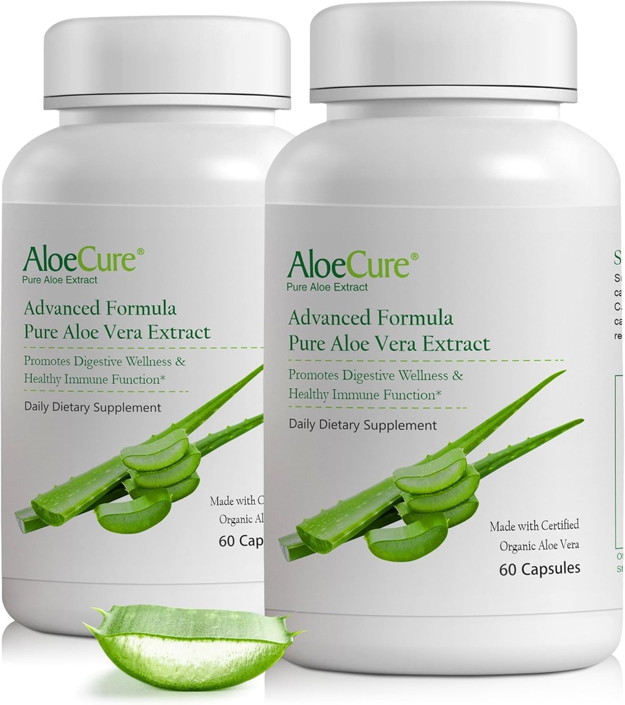 AloeCure Organic Aloe Vera Capsules, 160,000mg Indre Aloe Leaf Ækvivalent per servering, Support Gut, fordøjelsesbesvær, og immunsundhed, Hjælper med at opretholde balanceret Mavesyre, Aloin Free, 60Caps x 2Btl