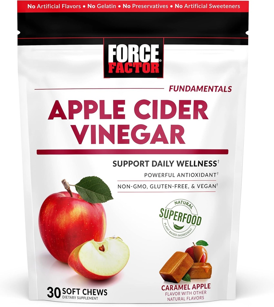 Force Factor Organic Apple Cider Vinegave Soft Chews for fordøjelse og Metabolisme Support, Apple Cider Vinegave med mor, ACV tillæg, Gluten- Free, & Vegan, Caramel Apple Flavor, 30 Soft Chews
