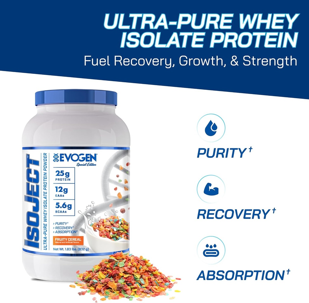 Evogen Isoject - Whey Protein Isolate Medic124; Ultra- Pure Whey Protein Powder med Ignorator Enzymes, BCAA og EAAs Medical 124; Forbedret Absorption & Recovery Medical 124; Fruity Cereal Medical Medical 124; 26 Serveringer