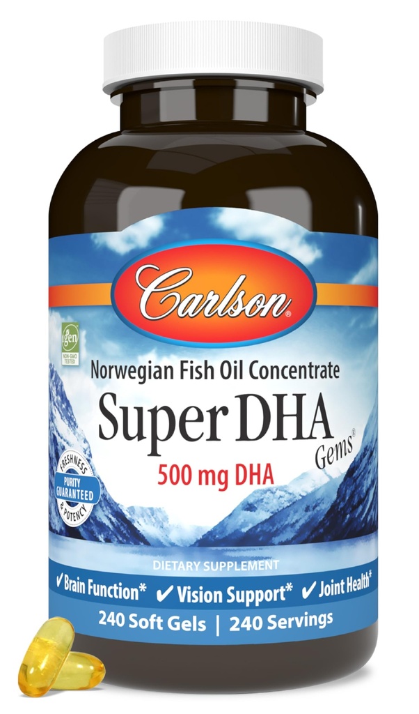 Carlson Super DHA Gems - 500 mg DHA Kosttilskud, 640 mg fedtsyrer, Norwegian Fish Oil Concentrate, Wild- Fanget, Sustainable Sourced Fish Oil Capsules, 240 Softgels