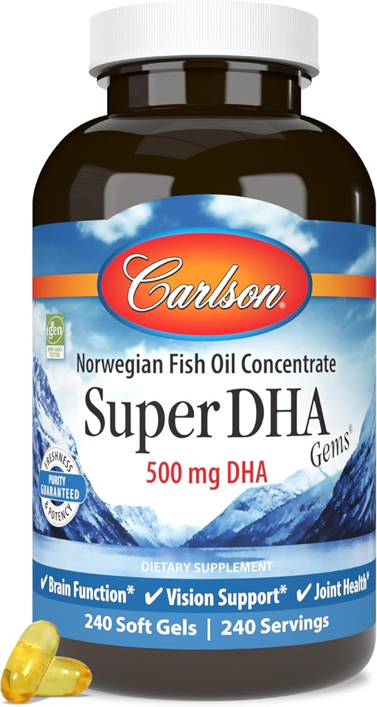 Carlson Super DHA Gems - 500 mg DHA Kosttilskud, 640 mg fedtsyrer, Norwegian Fish Oil Concentrate, Wild- Fanget, Sustainable Sourced Fish Oil Capsules, 240 Softgels