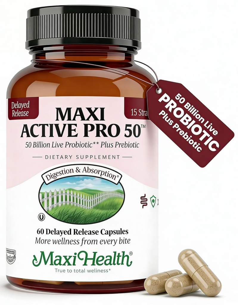 Maxi Health Probiotic Plus Ultimate Prebiotic Advanced Live Probiotika Formel - 50 Millioner Live Aktiv Probiotisk - 15 Stammer - Ultra Beskyttelse - Aktiv Pro- 50- 60 Tæl