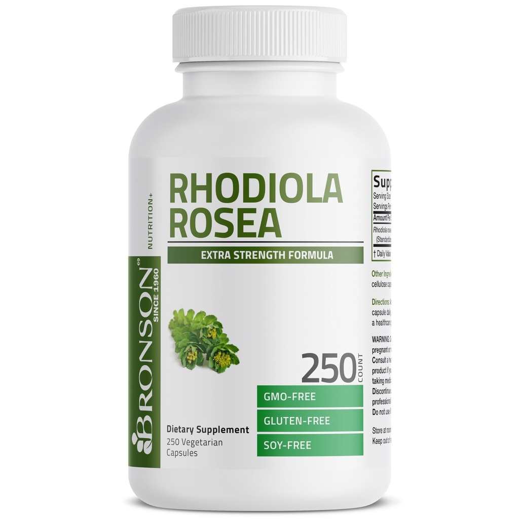 Bronson Rhodiola Rosea Vegetariske Kapsler - Adaptogen Herb - Brain, Stress & Mood Support - Ikke-GMO, 250 Greve