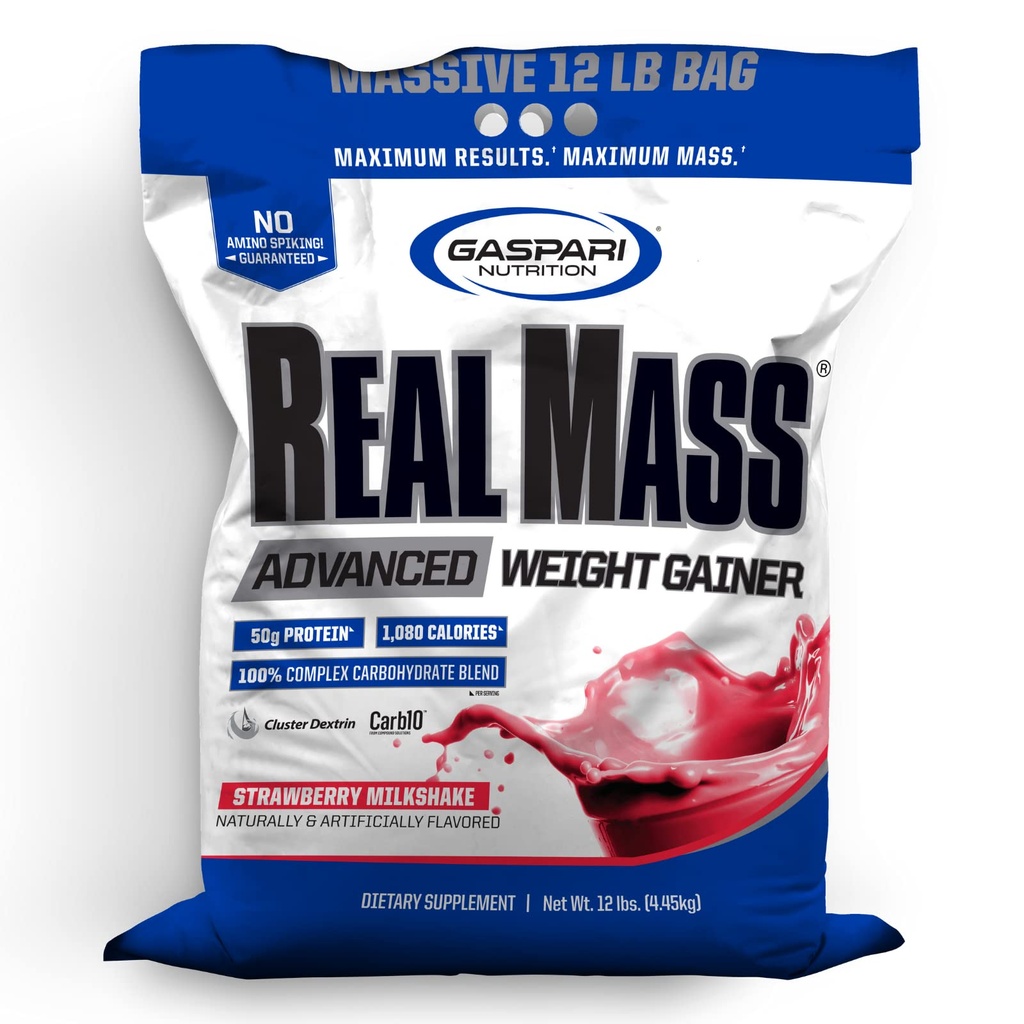 Gaspari Nutrition Real Mass: Advanced Weight Gainer, Protein og Complex Carb Blend, 50g Protein, 16g EAA, Gluten- Free, 12 lbs (Jordbær Milkshake)