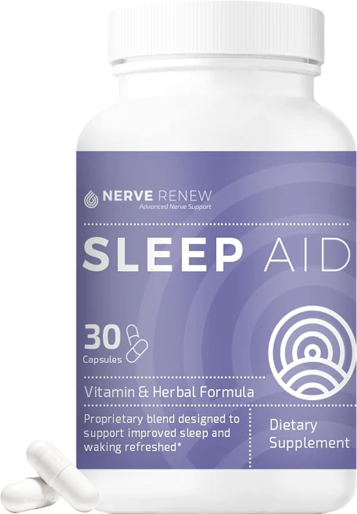 NERVE RENEW Sleep Aid - Kosttilskud til bedre søvn - 30 kapsler - værker hurtigt - genert All- Natural Herbal og Vitamin Formel med Melatonin, Magnesium, Zink, Aminosyrer, Herb Ekstrakter