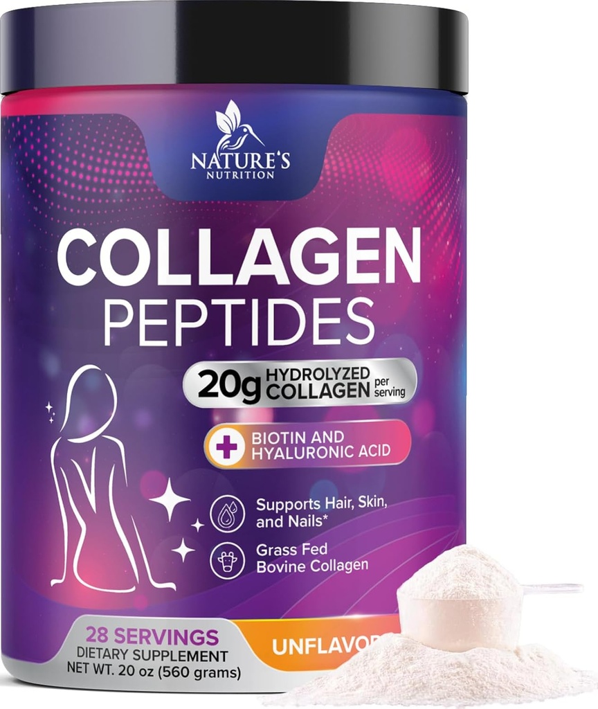 Collagen Peptider Pulver til kvinder & mænd - Hydrolyzed Type 1 & 3 Collagen Pulver & Hyaluronsyre - Vital støtte til hår, negle, hud, ben & fælles sundhed - Zero Sugar, Unflavored - 28 Servere