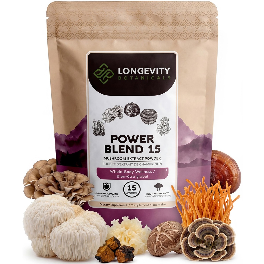 Power 15 Powder Mushroom Blend Supplement 100g Buddy; High Strength Extract Complex 124; Med Lions Mane, Tyrkiet Hale, Cordyceps, Reishi, Chaga & Tremella Buddy 124; 20% Beta- D Glucans Buddy 124; Immunitet & Vitality Support