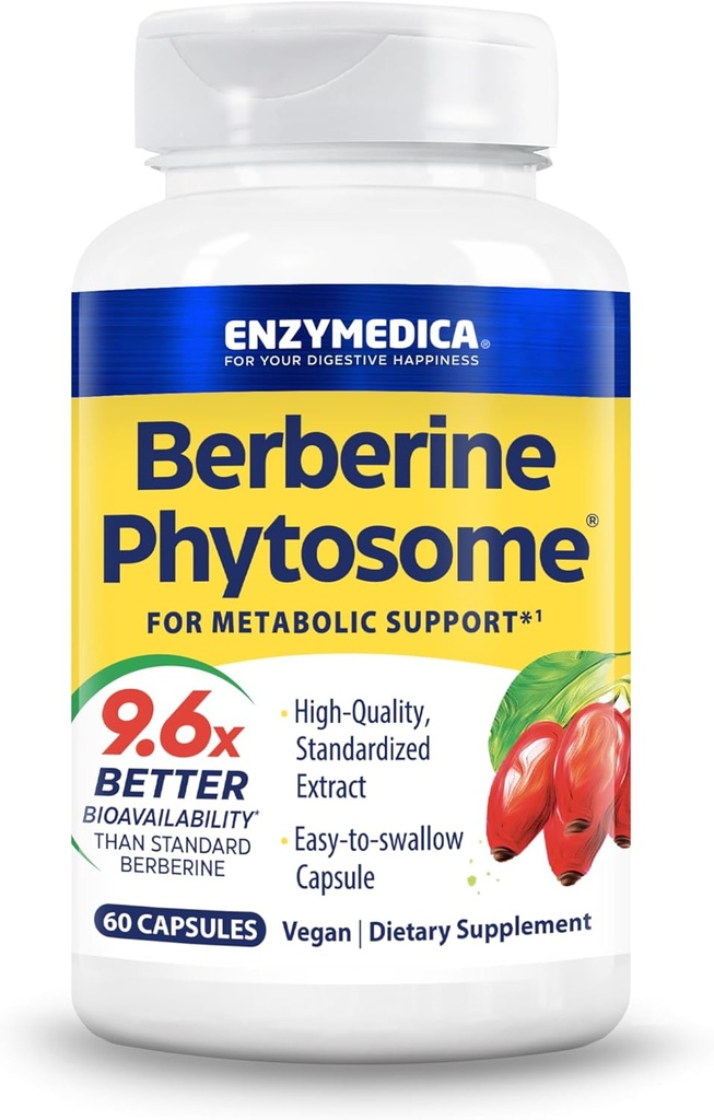 Enzymedica, Berberine Phytosome, 9.6X Bedre biotilgængelighed, høj potens Natural Vegan Kosttilskud til metabolisk support, 60 kapsler