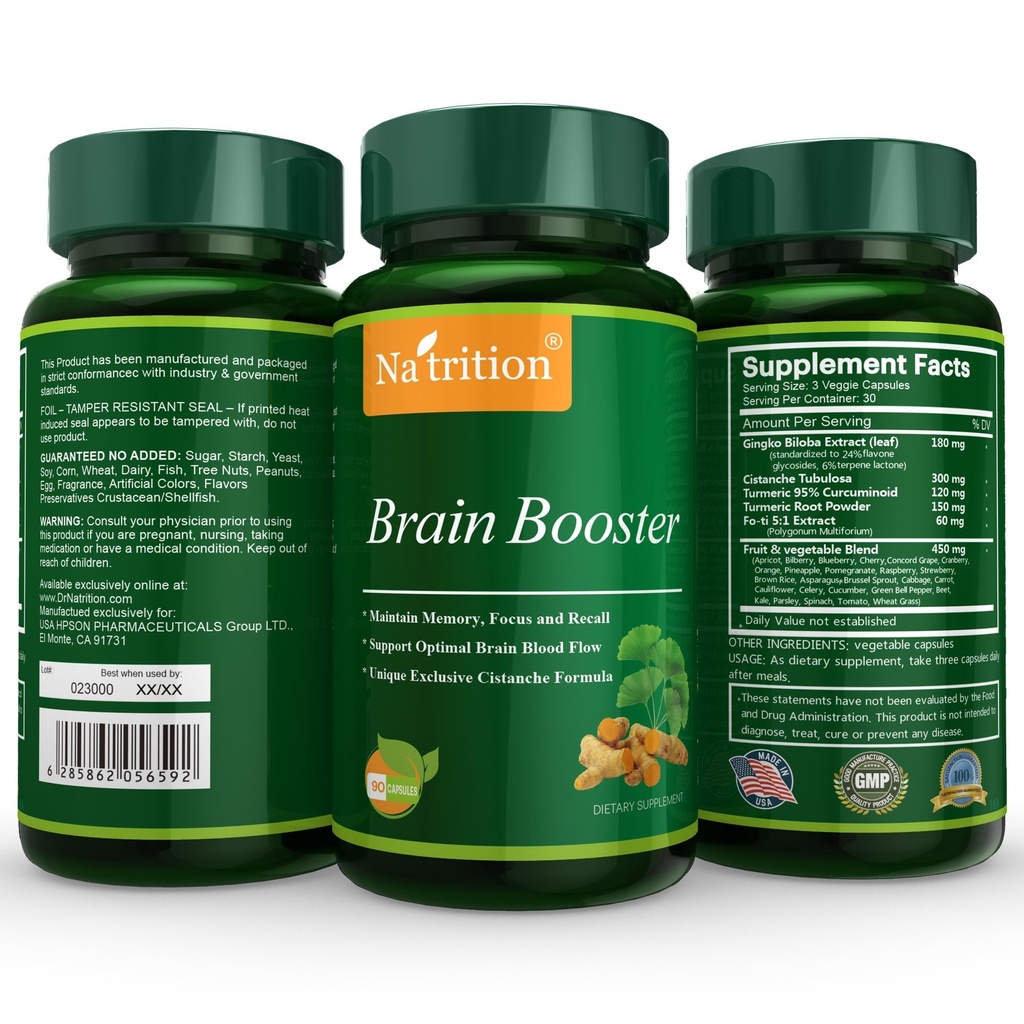 Natrition Brain Booster - Ginkgo Biloba, gurkemeje, Cistanche Tubulosa, Fo-ti Extract Blend - Natural Antioxidant Support for Brain Function - Klarhed, fokus og hukommelse forbedring - 90 Veggie kapsler