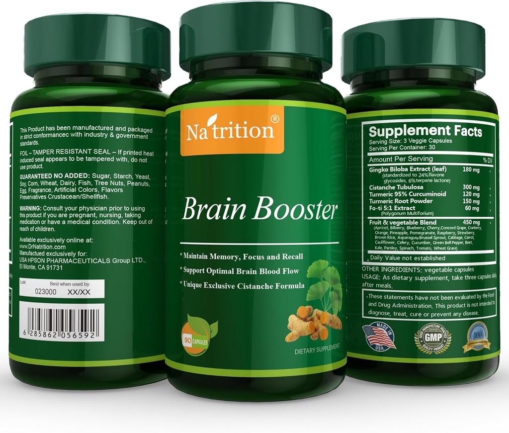 Natrition Brain Booster - Ginkgo Biloba, gurkemeje, Cistanche Tubulosa, Fo-ti Extract Blend - Natural Antioxidant Support for Brain Function - Klarhed, fokus og hukommelse forbedring - 90 Veggie kapsler