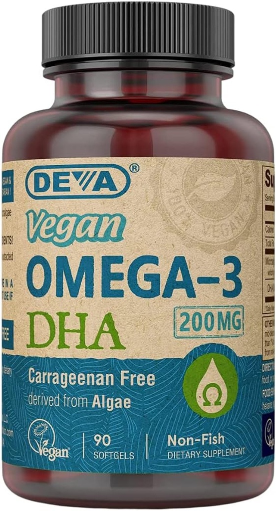 DEVA Vegan Omega-3 DHA Supplement, Once- Per- Day Softgel 200 MG, Carrageenan Free, Gelatine Free, Non- Fish, Algae Oil, Omega-3 Fedtsyrer - 90 Softgels