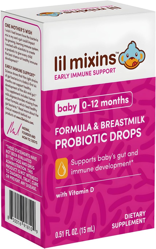 Lil Mixins Feeding Probiotic Drops for Baby Measurement 124; for immunforsvar, fordøjelsesfremmende & Gut Health Measurement 124; Lactobacillus Rhamnosus HN001 & B Spædbørn 124; 15mL, 1 Måned Supply