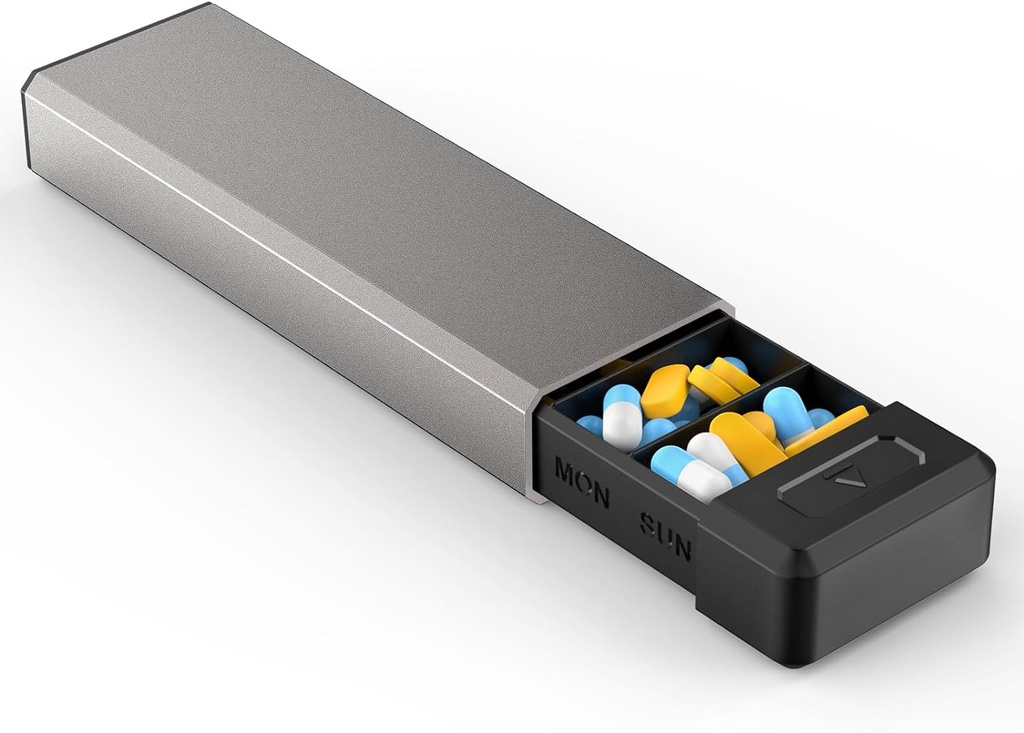 HEILING Pill Organizer med aluminium Shell til en uge Kapacitet, Portable 7 kompartmenter Pill Box Container til at holde Vitamin, Medicin, Kosttilskud