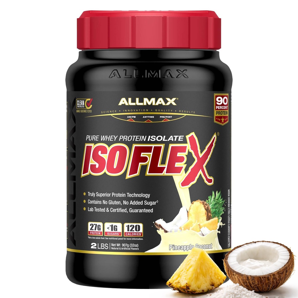 ALLMAX Nutrition ISOFLEX Whey Protein Isolate, Ananas Coconut - 2 LB - 27 Bedste Protein Per Scoop - Zero Fat & Sugar - 99% Lactose Free - Gluten Free & Soy Free - Ca. 30 Servere