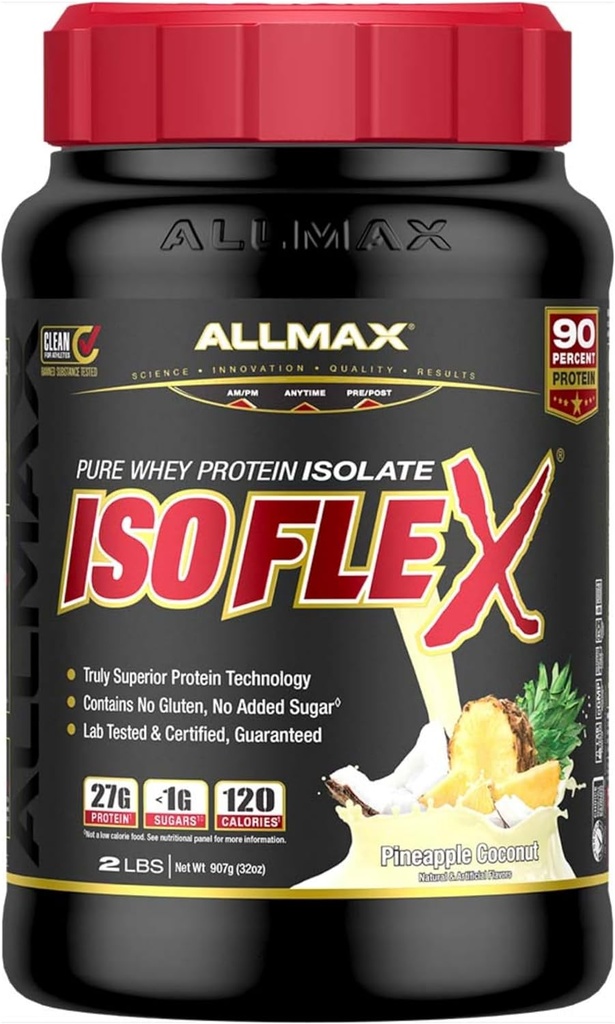 ALLMAX Nutrition ISOFLEX Whey Protein Isolate, Ananas Coconut - 2 LB - 27 Bedste Protein Per Scoop - Zero Fat & Sugar - 99% Lactose Free - Gluten Free & Soy Free - Ca. 30 Servere