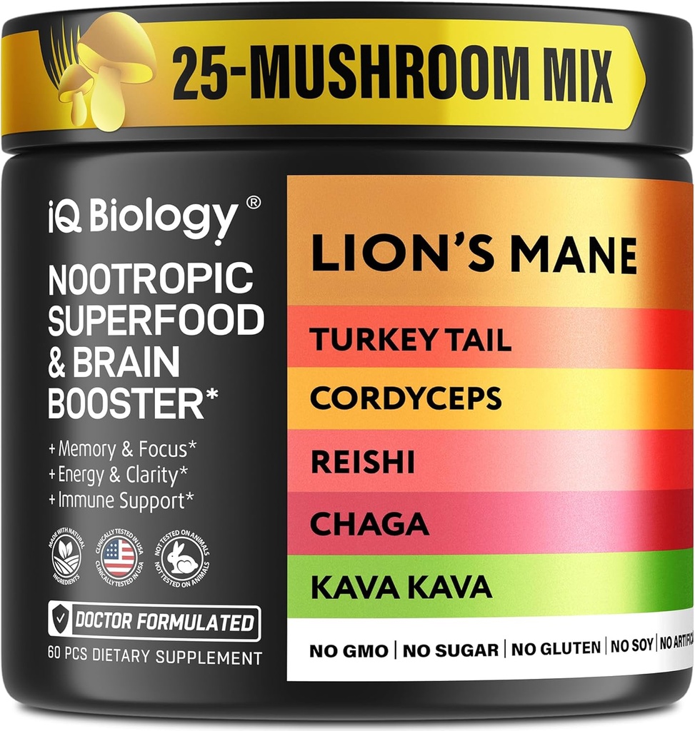 Kava Kava Root Cordyceps Lions Mane Reishi Mushroom Supplement, Nootrope svampe Capsules Kava Kava Extract, Mushroom Vitaminer til kvinder, Ashwagandha, Magnesium - 60 Caps (1 pakke)