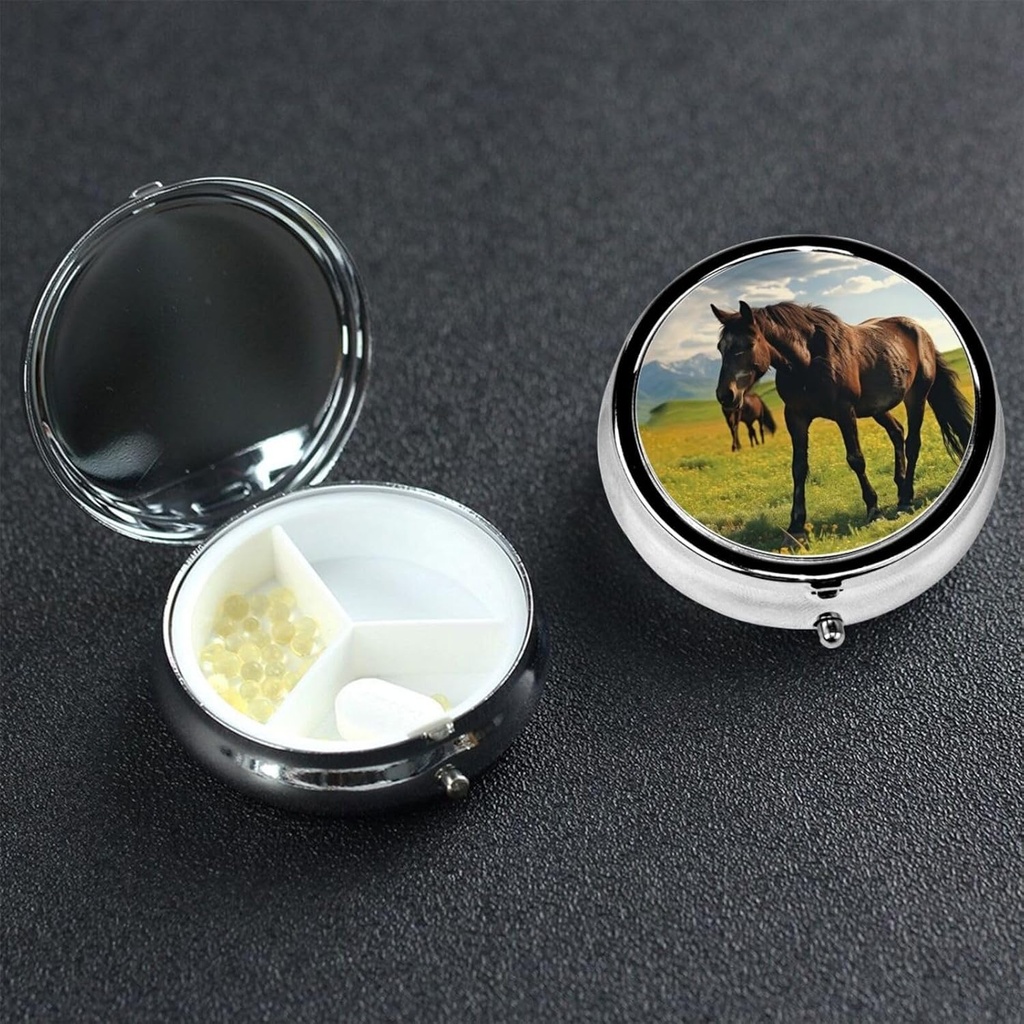 Pill Case Pill Box med spejl Lille Pill Organizer 3 Segment Grazing Wild Heste Roud Travel Pilkasse til pung eller Pocket Portable Pill Container Cute Medicine Organizer