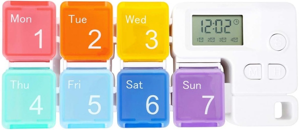 7 dages pilledispenser Organizer med Reminder Alarm - CozyCabin Portable Travel Vitaminer Medicine Box Case (Rainbow)