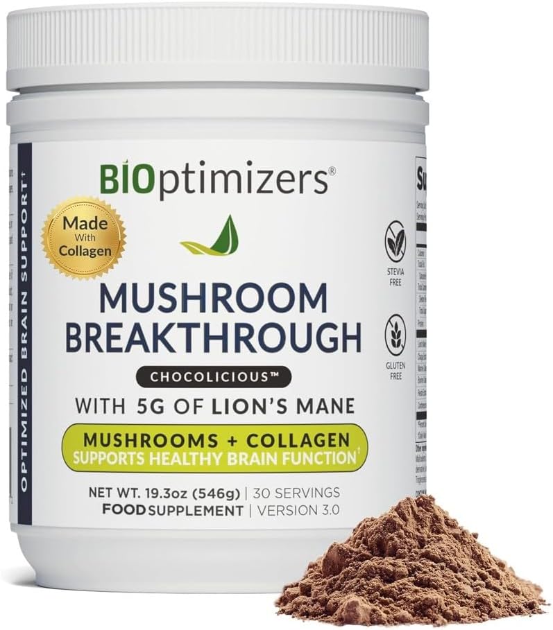 BIOptimizers Mushroom Coffee Alternative - Chokoladedrik - Lions Mane, Chaga, Reishi + Collagen Peptider til Fokus, Energi & Gut Sundhed - Adaptogene svampe & MCT Powder - 15 Servere