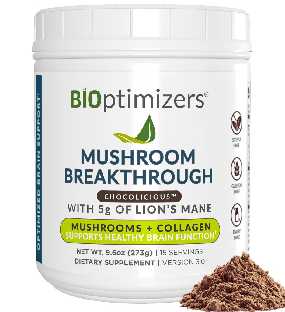 BIOptimizers Mushroom Coffee Alternative - Chokoladedrik - Lions Mane, Chaga, Reishi + Collagen Peptider til Fokus, Energi & Gut Sundhed - Adaptogene svampe & MCT Powder - 15 Servere