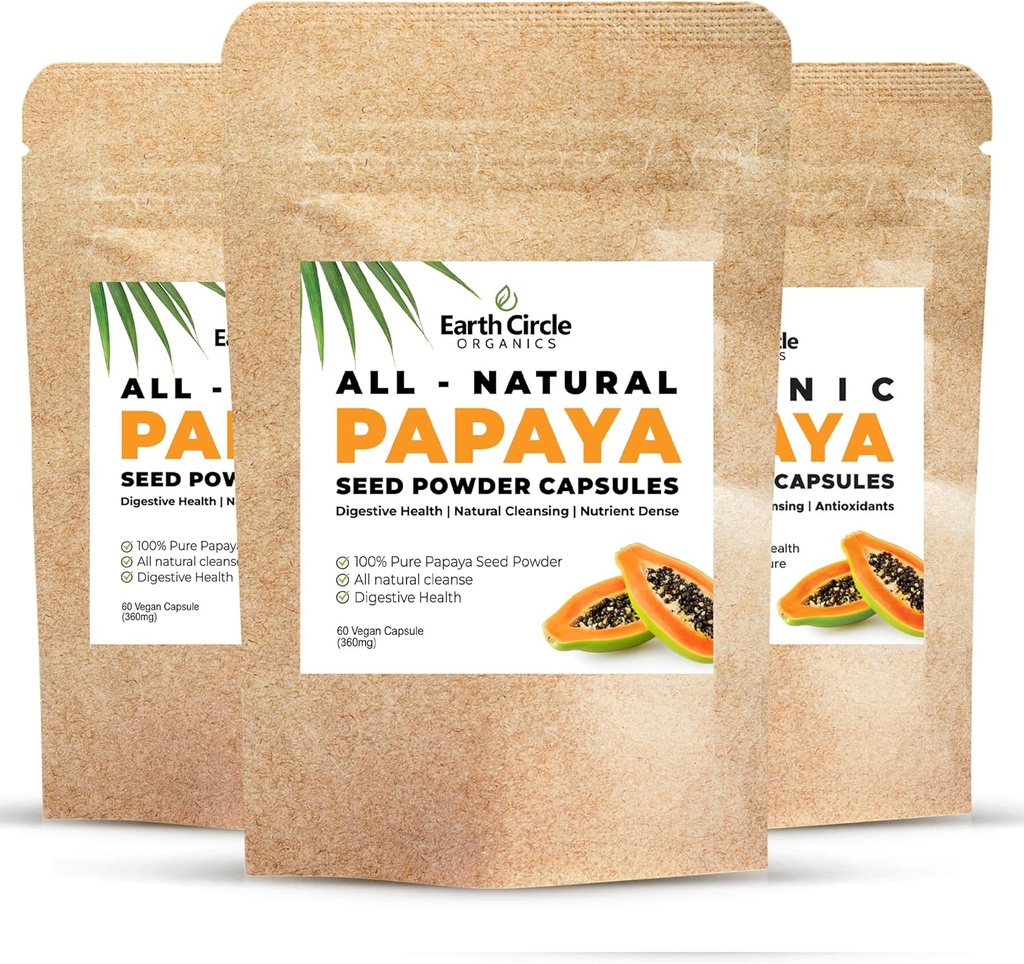 Papaya Seed Powder Capsules – Powerful Papain Supplement with Vitamins A, C, & E & Enzymes for Digestion & Gut Health – 360mg/Serving – 60 Vegan Capsules per Pack (Pack of 3, 90-180 Day Supply)