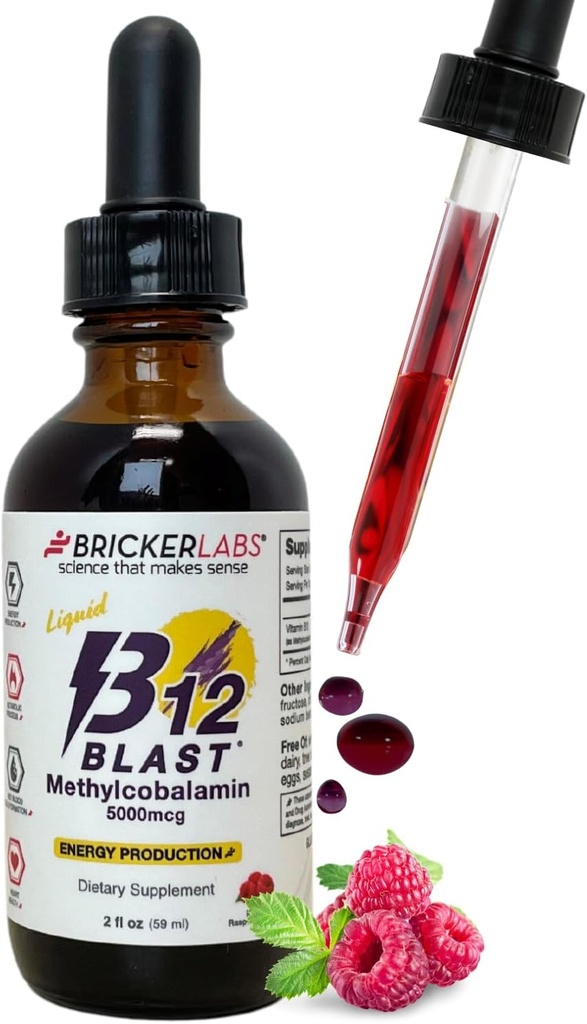 Bricker Labs B12 Blast Methylcobalamin 5000mcg, Great Tasting Sublingual Liquid Energy Vitaminer -Vegan B12 Vitaminer, Vedvarende energi og Cellular Health Supplement - 59- Day Serveringer