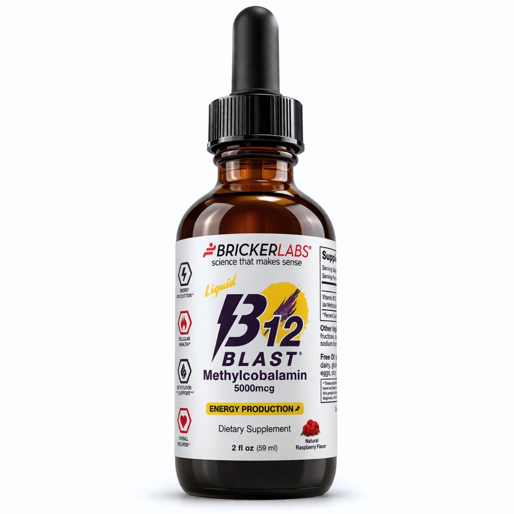 Bricker Labs B12 Blast Methylcobalamin 5000mcg, Great Tasting Sublingual Liquid Energy Vitaminer -Vegan B12 Vitaminer, Vedvarende energi og Cellular Health Supplement - 59- Day Serveringer