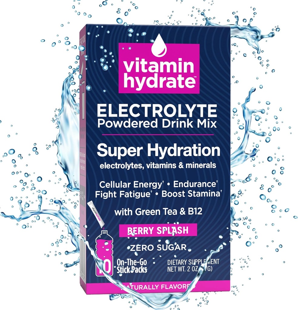 Vitamin Hydrate Elektrolyte Pulveriseret Drink Mix, Super Hydration, Boost Stamina & Fights Træthed, Bursting med Electrolytes, Vitamin & Minerals, 0 Sukker, Berry Splash, 10 Stick Packs