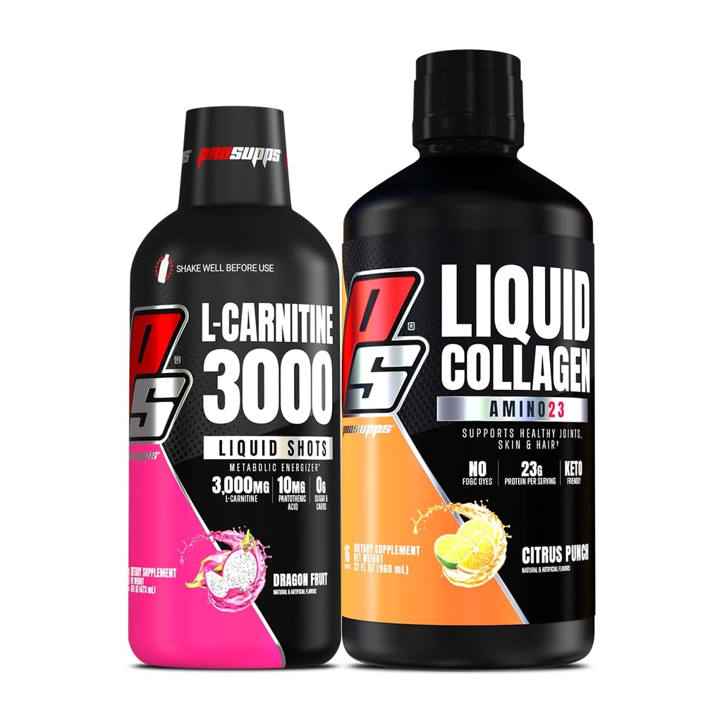 PROSUPPS L- Carnitin 3000 Stimulant Free Liquid Shots (Dragon Fruit) Amino23 Flydende collagen Shots (Citrus Punch) Bundle