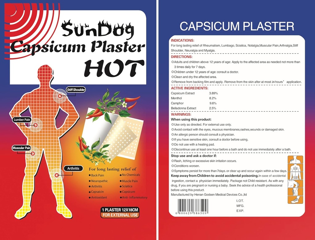 SunDog Natural Pain Relief Patches (10 Pack) - Ekstra store, Ingen kemikalier, 24 timer Long- Lasting - Capsaicin + menthol terapi for rygsmerter, muskelømhed, Gigt - Premium Hot & Cold Patches