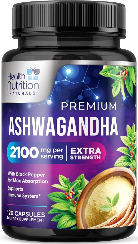 Ashwagandha Kosttilskud - 2100mg Ashwagandha Capsule for Women & Men, Natural Antioxidant Support, Ashwa Root Extract, Extra Strength Calm Support med Black Pepper, Vegan & Gluten Free - 120 Kapsler