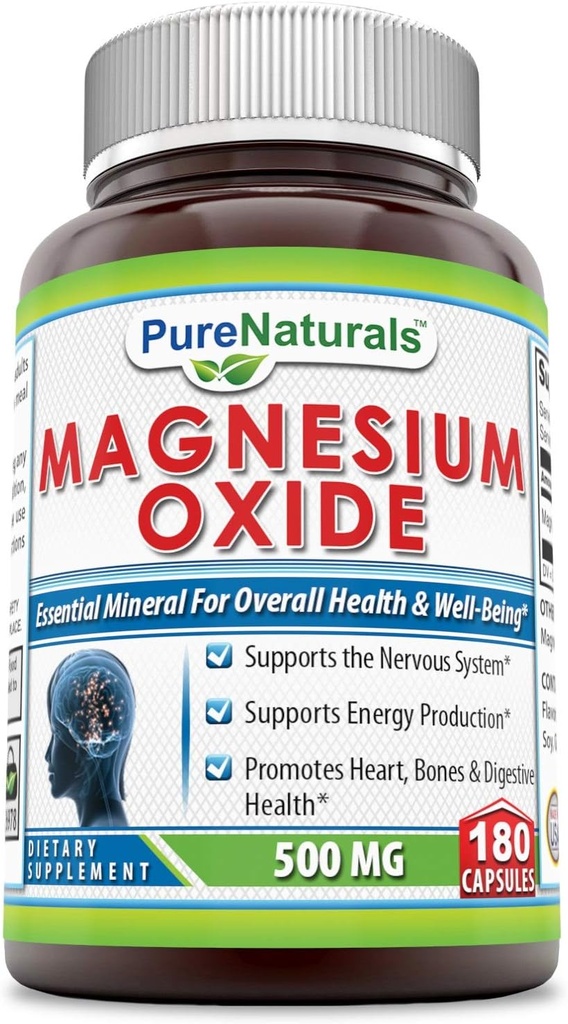 Pure Naturals Magnesium Oxide Supplement: 124; 500 Mg pr Servering: 124; 180 Kapsler: 124; Non- GMO: 124; Gluten- fri: 124; Fremstillet i USA