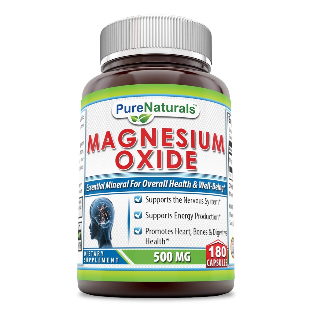 Pure Naturals Magnesium Oxide Supplement: 124; 500 Mg pr Servering: 124; 180 Kapsler: 124; Non- GMO: 124; Gluten- fri: 124; Fremstillet i USA